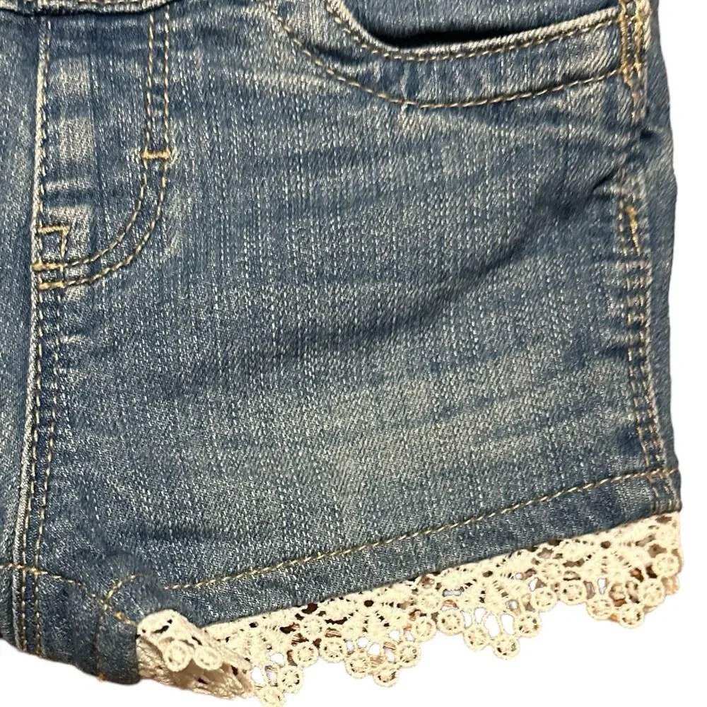 OshKosh Denim Short‎ Overalls Baby Girls 6M Floral Lace Trim Adjustable Straps